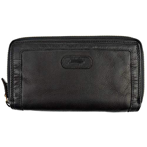 Damen-Geldbörse gewaschenes Leder Büffelleder Portemonnaie Doppelreißverschluss Used Look Vintage Geldbeutel (Schwarz) von VEN TOMY