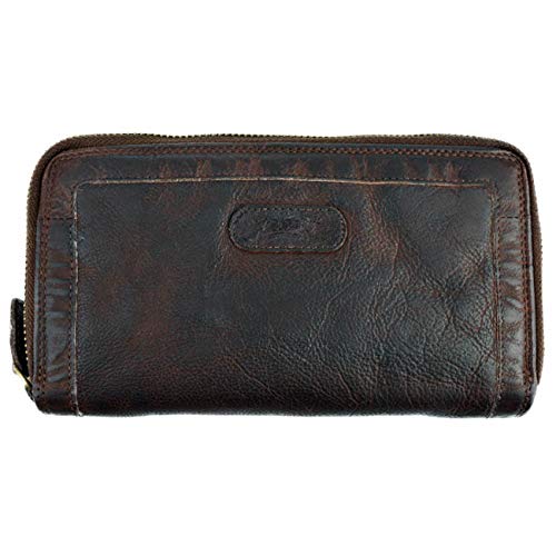 Damen-Geldbörse gewaschenes Leder Büffelleder Portemonnaie Doppelreißverschluss Used Look Vintage Geldbeutel L255 Dunkel-Braun von VEN TOMY