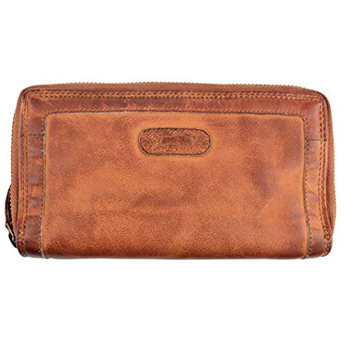 Damen-Geldbörse gewaschenes Leder Büffelleder Portemonnaie Doppelreißverschluss Used Look Vintage Geldbeutel L256 Cognac Braun von VEN TOMY