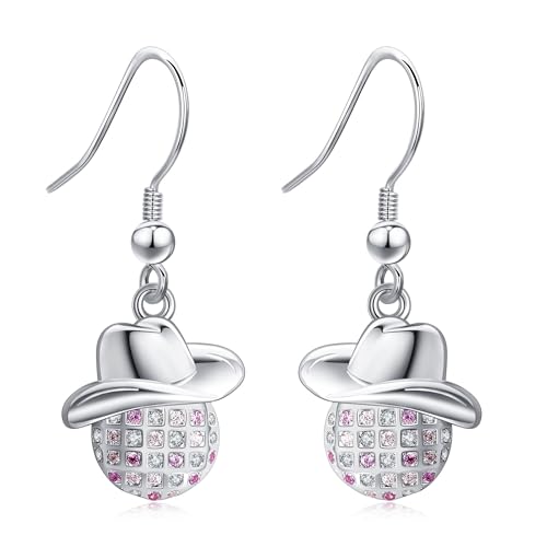Discokugel Ohrringe Sterling Silber Spiegelkugel Cowboy Hut Baumelnde Ohrringe Tanzen Muttertag Schmuck Geschenke für Frauen von VENACOLY