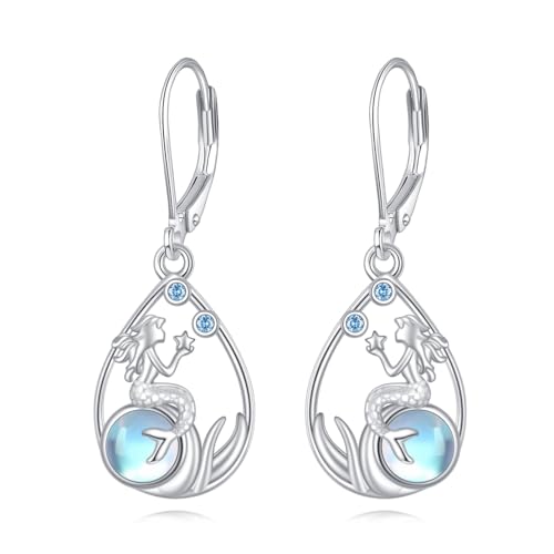 Meerjungfrau Ohrringe S925 Sterling Silber Mondstein Meerjungfrau Hänge Ohrringe Meerjungfrau Tropfen Ohrringe Hängender Ozean Schmuck Geschenke für Damen Frauen Liebhaberinnen von VENACOLY