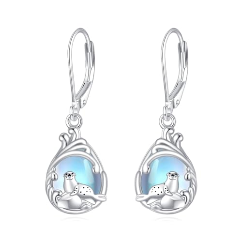 Robben Ohrringe S925 Sterling Silber Robben Ohrringe Mit Hängendem Mondstein Hängender Robben Schmuck Geschenk für Frauen Damen Robben Meeres Liebhaber von VENACOLY