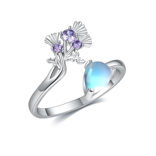 Schottische Distel Ringe 925 Sterling Silber Mondstein Distel Verstellbare Ringe Schottland Muttertag Schmuck Weihnachten Geschenk für Damen Frauen von VENACOLY