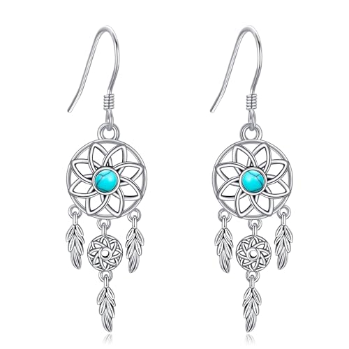 Traumfänger Ohrhänger 925 Sterling Silber Türkis Federn Hängend Ohrringe Traumfänger Schmuck Geschenk für Damen von VENACOLY