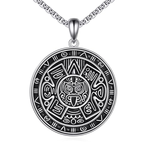 VENACOLY Azteken Kalender Halskette 925 Sterling Silber Runder Azteken Maya Kalender Anhänger Runder Azteken Schmuck Mit 22+2 Zoll Edelstahlkette, Geschenke für Männer Frauen Vater von VENACOLY
