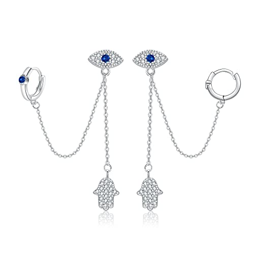 VENACOLY Evil Eye Ohrringe 925 Sterling Silber Hamsa Double Piercing Manschette Kette Double Holes Dangle Earrings Evil Eye Hoop Earrings Evil Eye Jewelry Gifts for Women von VENACOLY