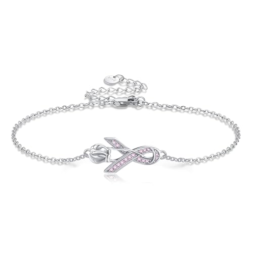 VENACOLY Brustkrebs Armband 925 Sterling Silber Rosa Schleife Aarmbänder Brustkrebs Bewusstseins Schmuck Geschenk Für Damen Überlebende von VENACOLY