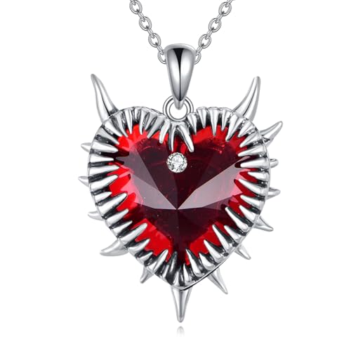 VENACOLY Gotische Stacheldraht Halskette S925 Sterling Silber Rotkristall Barb Draht Herz Anhänger mit Spiked Heart Punk Halsketten für Frauen Männer Unisex Goth Schmuck von VENACOLY