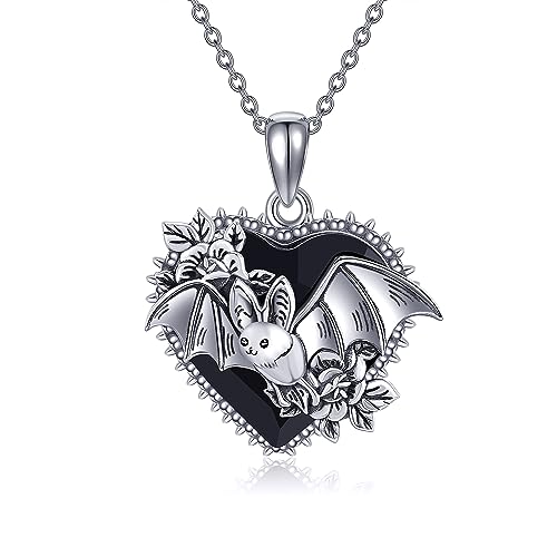 VENACOLY Halloween Bat Necklace Sterling Silver Heart Black Obsidian Necklace Halloween Jewelry Gothic Bat Gifts for Women Girls von VENACOLY
