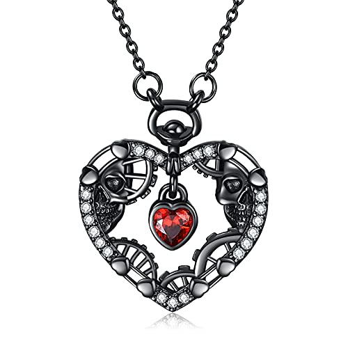 VENACOLY Herz Kette 925 Sterling Silber Schwarz Schädel Anhänger Steampunk Halskette Totenkopf Zirkonia Valentinstag Schmuck Geschenk für Damen von VENACOLY