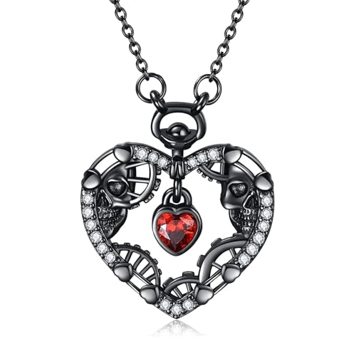 VENACOLY Herz Kette 925 Sterling Silber Schwarz Schädel Anhänger Steampunk Halskette Totenkopf Zirkonia Valentinstag Schmuck Geschenk für Damen von VENACOLY