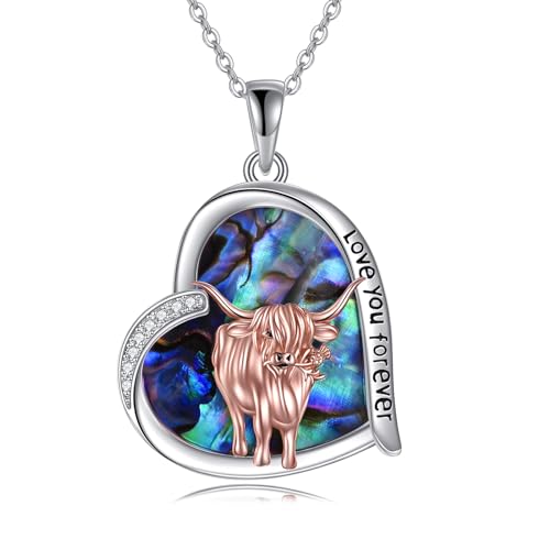 VENACOLY Hochlandrind Kette 925 Sterling Silber Kuh Anhänger Halskette mit Abalone Muschel Highland Cow Schmuck Geschenk für Damen von VENACOLY