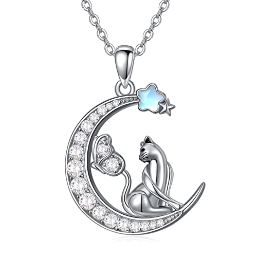 VENACOLY Katze Halskette 925 Sterling Silber Halbmond Anhänger Halskette Tier Katze auf Mond Schmetterling Schmuck Geschenke für Frauen Mädchen und Katzenliebhaber von VENACOLY