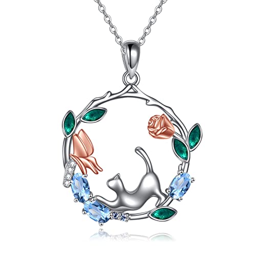 VENACOLY Katze Halskette Sterling Silber Katze mit Schmetterling Halskette Katze Schmuck Katze Geschenk für Frauen Mädchen und Katzenliebhaber von VENACOLY