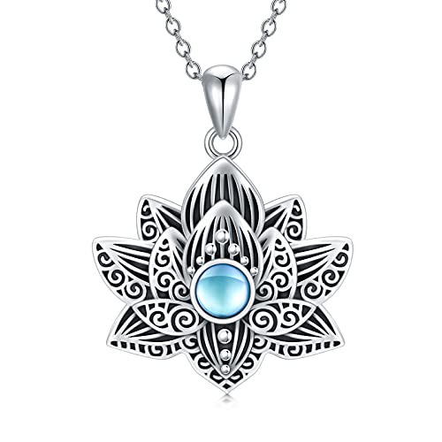 VENACOLY Lotus Mondstein Halskette Sterling Silber Lotus Blume Anhänger Vintage spirituellen Schmuck Geschenke für Frauen von VENACOLY