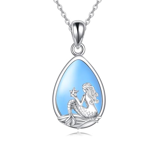 VENACOLY Meerjungfrau Cat Eye Opal Stein Halskette 925 Sterling Silber Meerjungfrau Anhänger Schmuck Geschenke für Frauen Meerjungfrau Liebhaber von VENACOLY