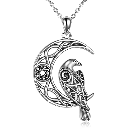 VENACOLY Raben Kette Sterling Silber Keltische Raben Krähe Anhänger Halbmond Nordische Viking Amulett Wicca Schmuck Geburtstagsgeschenke für Frauen Männer von VENACOLY