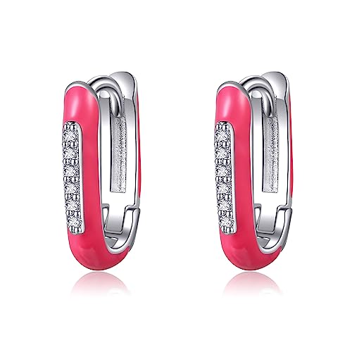VENACOLY Rosafarbene Emaille Quadrat Hoop Ohrringe 925er Sterling Silber U Quadrat Ohrringe für Frauen Geometrischer Schmuck für Frauen und Mädchen von VENACOLY