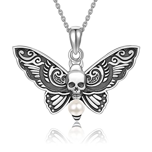 VENACOLY Totenkopf Halskette Sterling Silber Motte Perle Anhänger Hexe Gothic Schmuck Halloween Geschenke für Frauen von VENACOLY