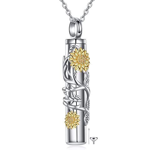 VENACOLY Sonnenblumen Urnenketten für Asche 925 Sterling Silber Zylinder Urne Anhänger Halskette Sonnenblumen Bar Asche Kette Memorial Schmuck Andenken Geschenk für Damen von VENACOLY