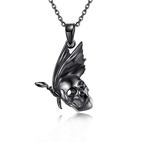 VENACOLY Schwarz Totenkopf Schmetterling Kette 925 Sterling Silber Schwarz Gothik Schmuck Geschenk für Damen von VENACOLY