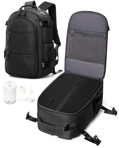 VENATIN Vakuum Rucksack Handgepäck mit Vakuumsystem, Reiserucksack Handgepäck Flugzeug Vakuum für Damen Herren, Airbag Rucksack Ryanair 40×20×25 mit pumpe, schwarz von VENATIN