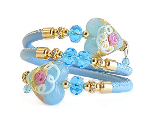 VENEZIA CLASSICA - Damen-Armband mit Herzen aus Muranoglas und echtes Leder, Kollektion Fleurs, Modell Contrarie mit goldblatt, hellblau von VENEZIA CLASSICA