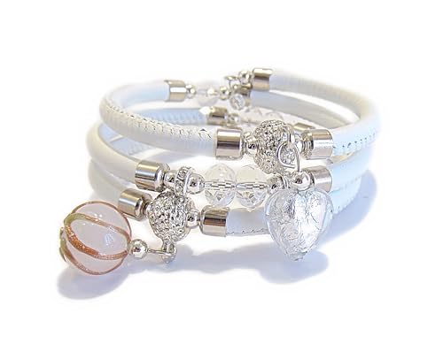 VENEZIA CLASSICA - Damen-Armband mit Muranoglasperlen und echtem Toskana-Leder, dreilagig, weiß, mit Silber oder Goldblatt, Silber von VENEZIA CLASSICA