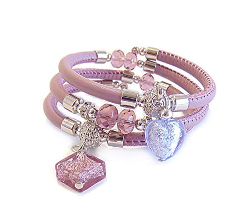VENEZIA CLASSICA - Damen-Armband mit Muranoglasperlen und echtem Toskana Leder Lila, dreilagig, mit Silber oder Goldblatt von VENEZIA CLASSICA