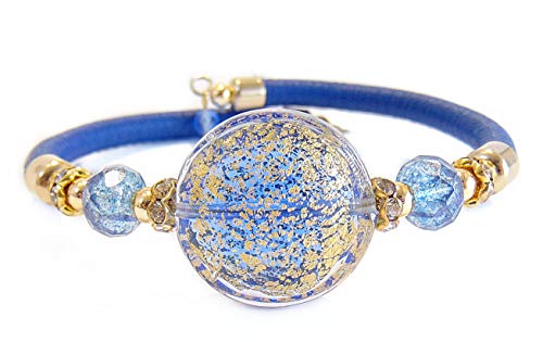 VENEZIA CLASSICA - Damen-Armband mit Perle aus Muranoglas und Toskana Leder, Kollektion Linde, mit Blatt aus 24-karätigem Gold, blau von VENEZIA CLASSICA