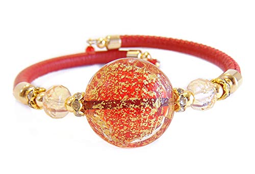VENEZIA CLASSICA - Damen-Armband mit Perle aus Muranoglas und Toskana Leder, Kollektion Linde, mit Blatt aus 24-karätigem Gold, rot von VENEZIA CLASSICA