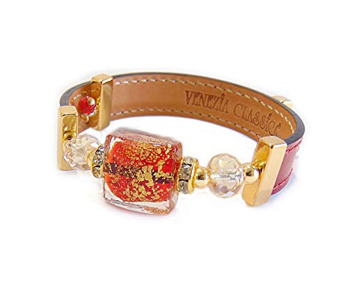 VENEZIA CLASSICA - Damen-Armband mit Perlen aus Muranoglas und echtem Toskana Leder, Kollektion Kate, mit Gold oder Silberblatt, Rot von VENEZIA CLASSICA