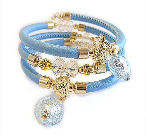 VENEZIA CLASSICA - Damen-Armband mit Perlen aus Muranoglas und echtem Toskana dreireihig hellblau, mit Silber oder Goldblatt von VENEZIA CLASSICA