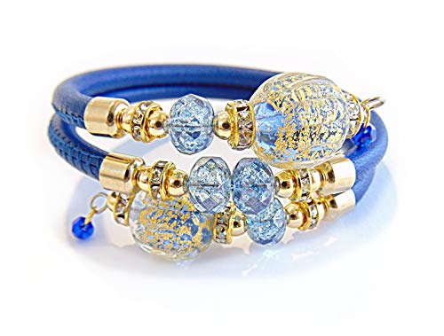 VENEZIA CLASSICA - Damen Armband mit Perlen aus Muranoglas und echtes Leder, Kollektion Diana, Modell Contrarie mit Goldblatt, Blau von VENEZIA CLASSICA