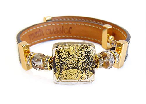 VENEZIA CLASSICA - Damen Armband mit echte Murano Glas Perle und echtem Toskana Leder, Kollektion Kate, 24kt Goldblatt oder Silber, handgemacht in Italien, Schwarz von VENEZIA CLASSICA