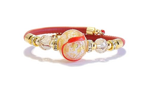 VENEZIA CLASSICA - Damen-Armband mit echten Muranoglasperlen und echtem toskanischem Leder, Kollektion Aida, mit Blatt aus Silber und 24-karätigem Gold, hergestellt in Italien, zertifiziert, Taglia von VENEZIA CLASSICA