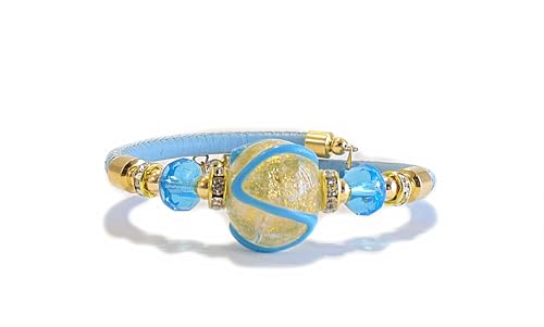 VENEZIA CLASSICA - Damen-Armband mit echten Muranoglasperlen und echtem toskanischem Leder, Kollektion Aida, mit Blatt aus Silber und 24-karätigem Gold, hergestellt in Italien, zertifiziert, Taglia von VENEZIA CLASSICA
