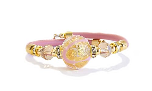VENEZIA CLASSICA - Damen-Armband mit echten Muranoglasperlen und echtem toskanischem Leder, Kollektion Aida, mit Blatt aus Silber und 24-karätigem Gold, hergestellt in Italien, zertifiziert, Taglia von VENEZIA CLASSICA