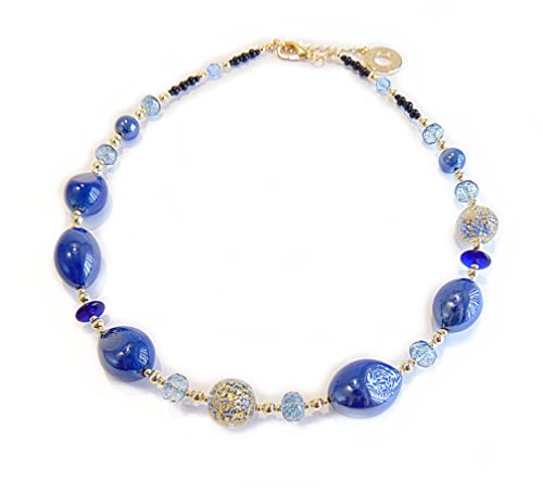 VENEZIA CLASSICA - Damen-Halskette mit Original-Perlen aus Muranoglas, Kollektion Gloria, blau mit Blatt aus 24-karätigem Gold, hergestellt in Italien, Glas von VENEZIA CLASSICA