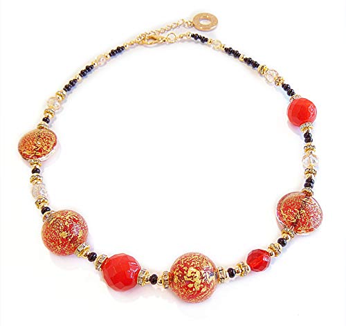 VENEZIA CLASSICA - Damen-Halskette mit Perlen aus Muranoglas, Kollektion Linde, rot mit Blatt aus 24-karätigem Gold von VENEZIA CLASSICA