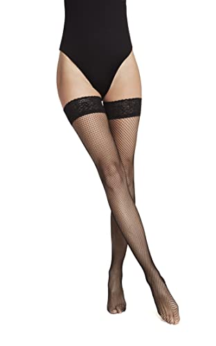 VENEZIANA NUOVA Netzstrümpfe Halterlos - Fishnet Stockings - Halterlose Strümpfe Damen Sexy - Stay Ups - Kniestrümpfe Damen - Overknees Strümpfe Damen - mit Spitze 7 cm Breit - Schwarz M/L von VENEZIANA NUOVA