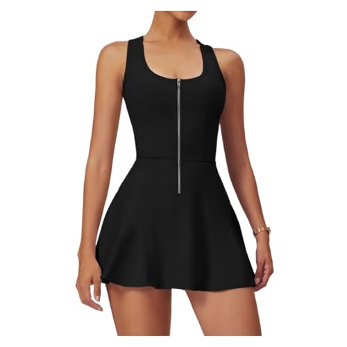 Damen Tenniskleid Reißverschluss ärmelloses Tenniskleid Damen Einteiler Fitness-Sport-Sets Push-up-Workout-Trainingsanzüge mit Brustpolstern Yoga-Anzüge Golfkleid FüR Sport Tennis Golf Baseball(Black, von VENHIRL