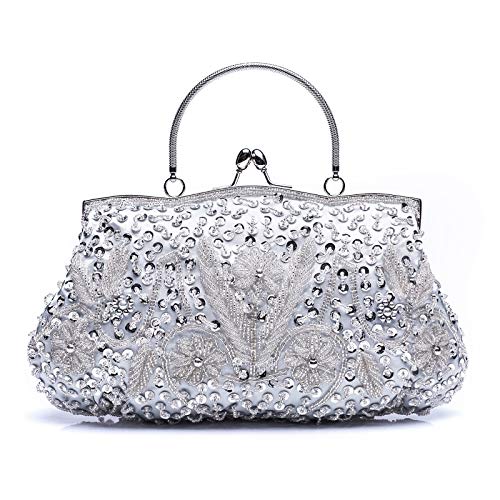 VENI MASEE Damen Handgemachte Perle Handtasche, Abendtasche Damen Clutch Für Party (Silver) von VENI MASEE