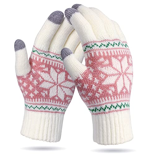 VENI MASEE Weihnachten Frauen Männer Snowprint Keep Warm Strickwolle Touch Screen Handschuhe - Damen Weiß,20cm von VENI MASEE