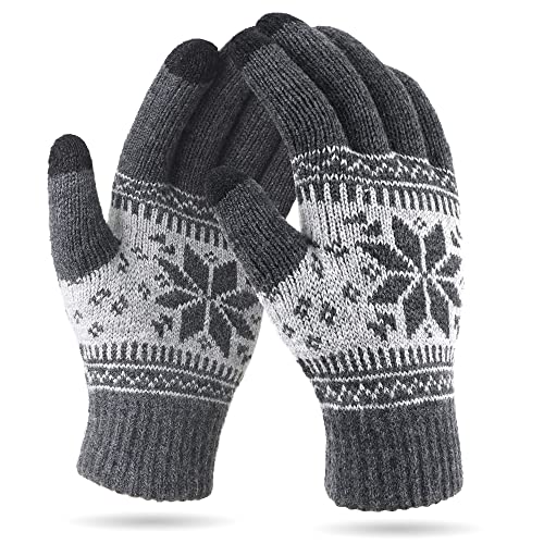 VENI MASEE Weihnachten Frauen Männer Snowprint Keep Warm Strickwolle Touch Screen Handschuhe - Damen Dunkelgrau,20cm von VENI MASEE