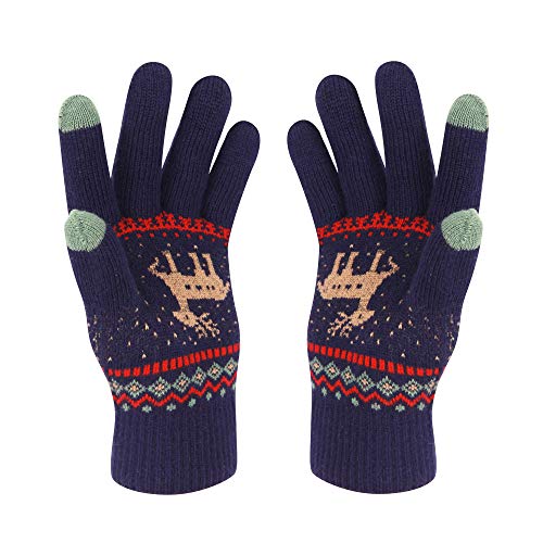 VENI MASEE Winterhandschuhe für Damen, mit Hirsch-Druck, doppellagig, hält warm, blau, 20 cm von VENI MASEE