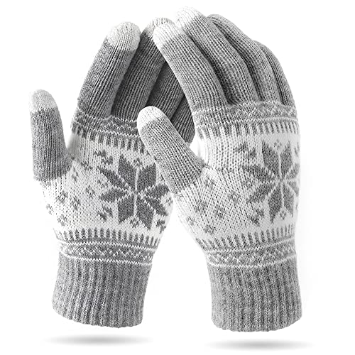 VENI MASEE Weihnachten Frauen Männer Snowprint Keep Warm Strickwolle Touch Screen Handschuhe - Damen Grau,20cm von VENI MASEE