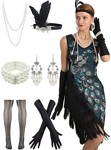 1920er Jahre Vintage Pfau V-Ausschnitt Perlen Fransen Party Kleid mit 20er Jahre Zubehör Set, Grün , 3X-Groß 1920er Jahre Vintage Pfau V-Ausschnitt Perlen Fransen Party Kleid mit 20er Jahre Zubehör Set, Grün , 3X-Groß von VENSHEMET