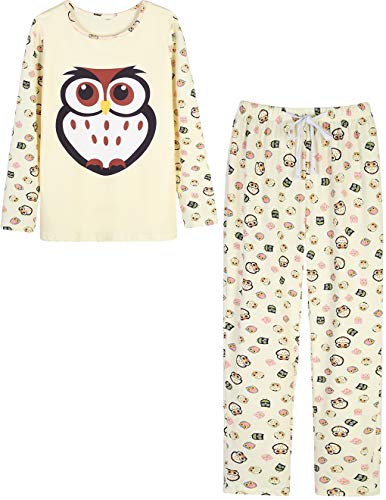 VENTELAN Damen pyjamas cute owl nachtwäsche bequeme schlafanzughose langarm-schlafanzüge Beige Medium(USA Size:8-10) von VENTELAN