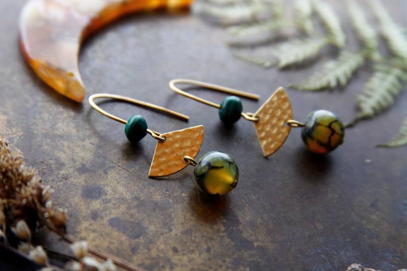 Ohrhänger Achat Malachit Edelstein Ohrringe Messing Schlicht Rustikal Retro Feminin Mystik Vintagestil von VENUSFLOWER